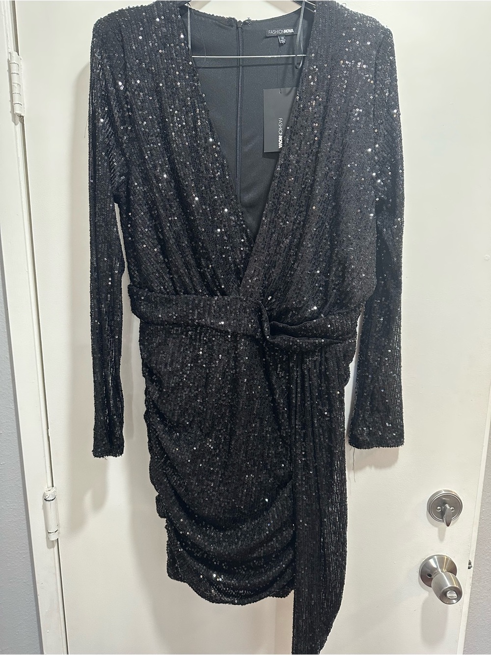 Fashion Nova Black Sequin Wrap Long Sleeve Mini Dress